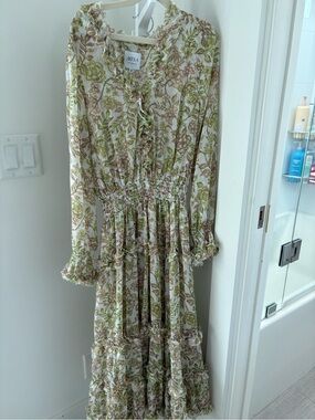 Misa Los Angeles Cream and Green Floral Ruffle Maxi Dress
